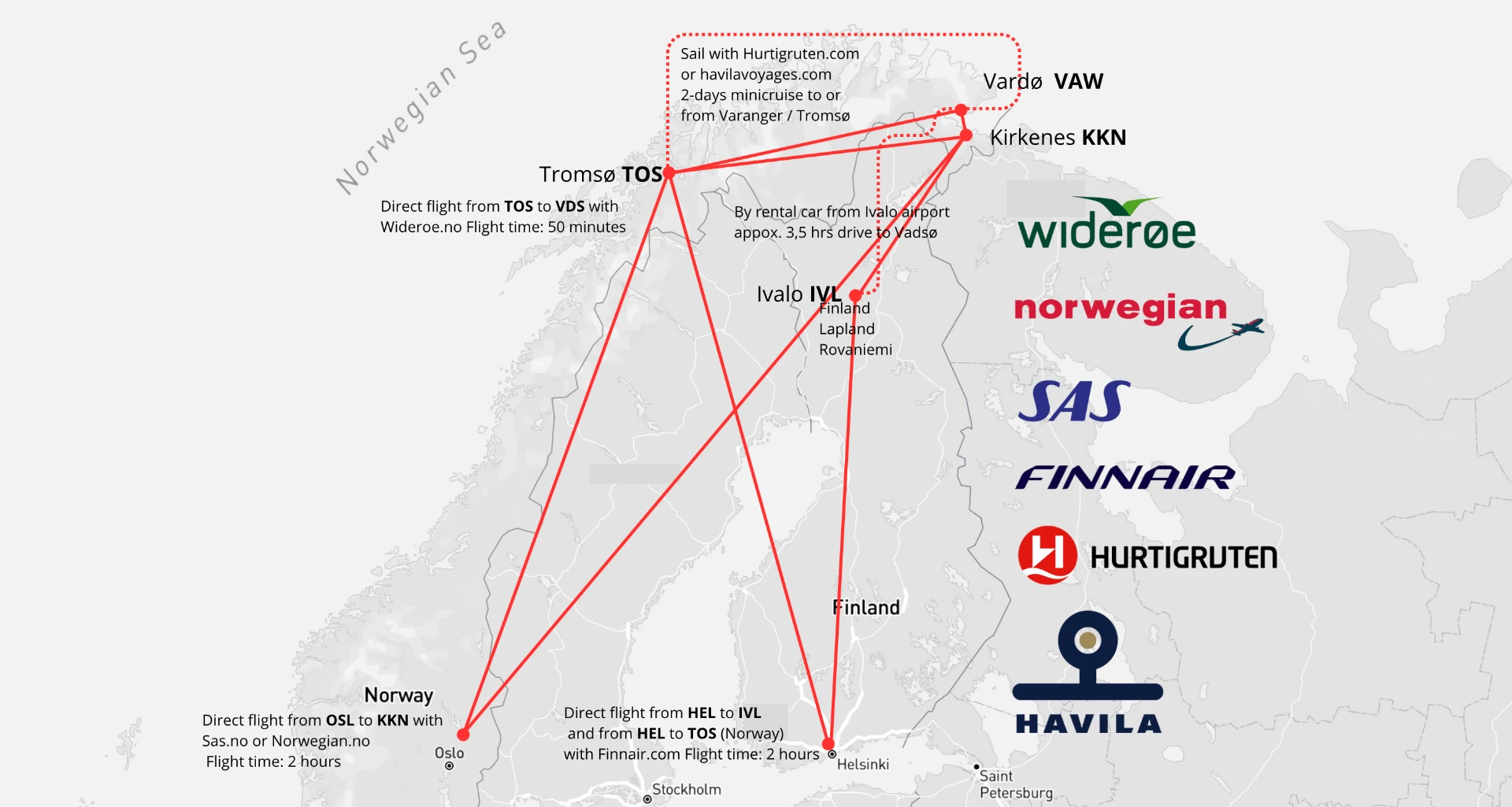 Kart over fly-, bil- og båtforbindelser mellom Oslo, Stockholm, Helsinki, Rovaniemi, Ivalo, Tromsø, Kirkenes og Vardø